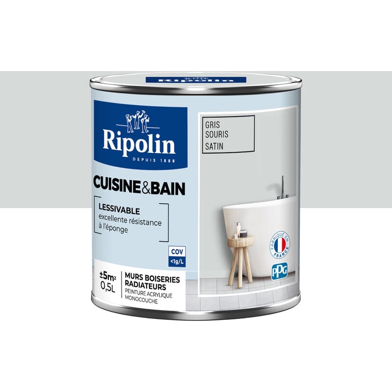 Peinture Murale spéciale Cuisine et Bain - Satin - 0,5L - Gris Souris Ripolin