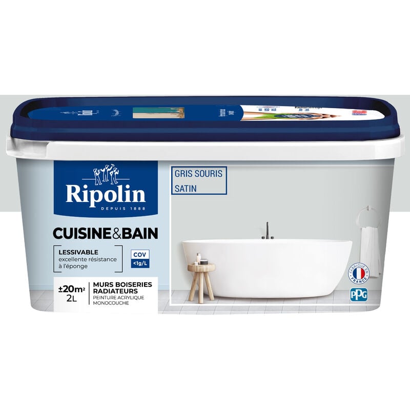 Peinture Murale spéciale Cuisine et Bain - Satin - 2L - Gris Souris Ripolin