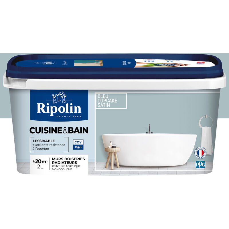 Peinture Murale spéciale Cuisine et Bain - Satin - 2L - Bleu Cupcake Ripolin