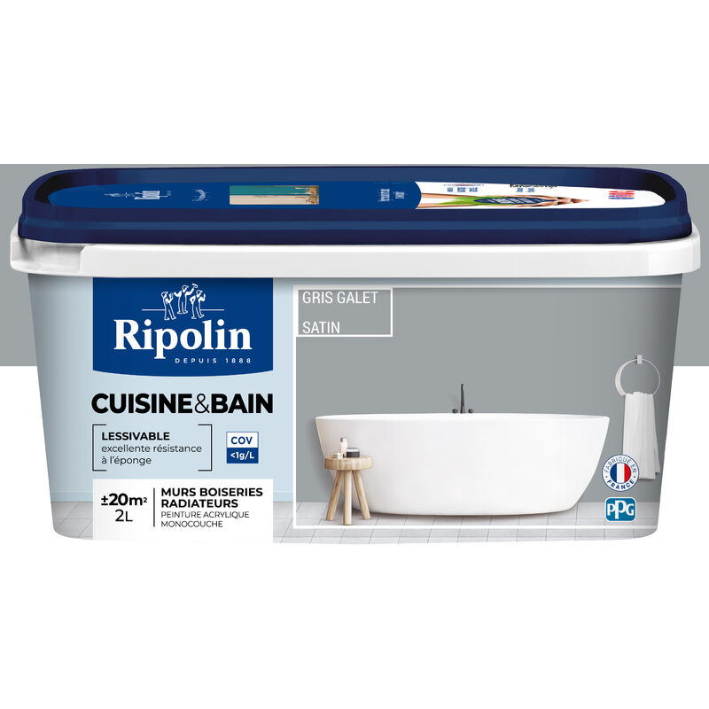 Peinture Murale spéciale Cuisine et Bain - Satin - 2L - Gris Galet Ripolin