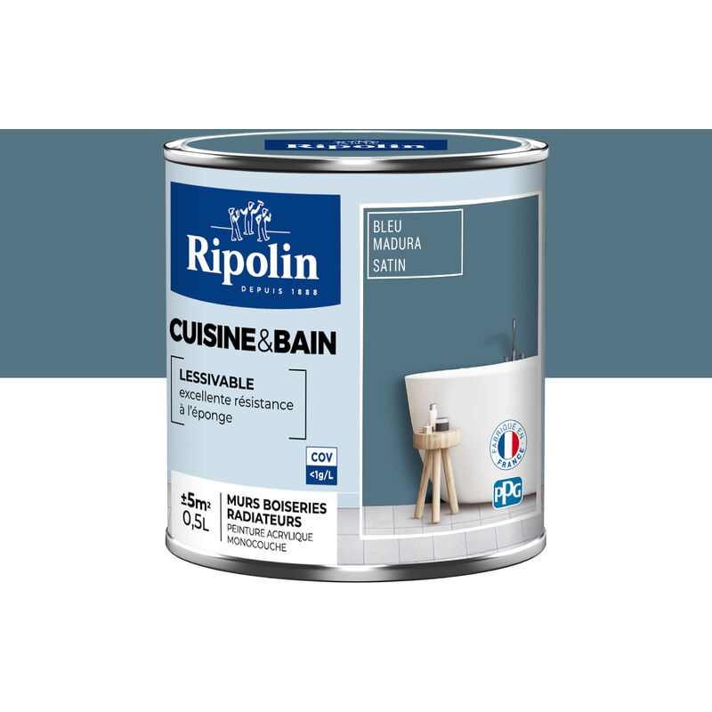 Peinture Murale spéciale Cuisine et Bain - Satin - 0,5L - Bleu Madura Ripolin