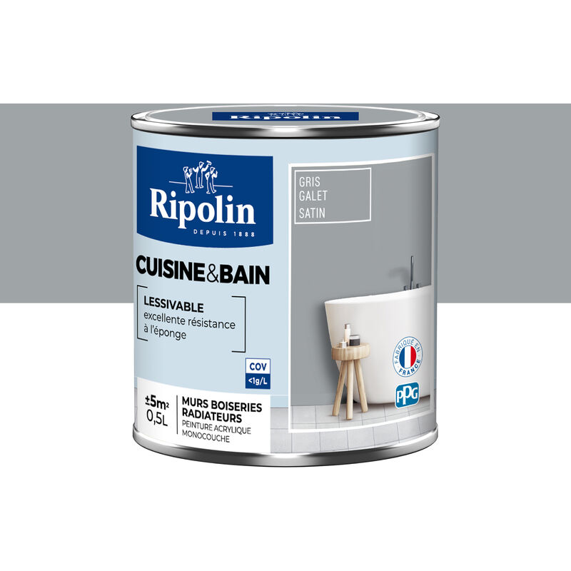 Ripolin - Peinture Murale spéciale Cuisine et Bain - Satin - 0,5L - Gris Galet