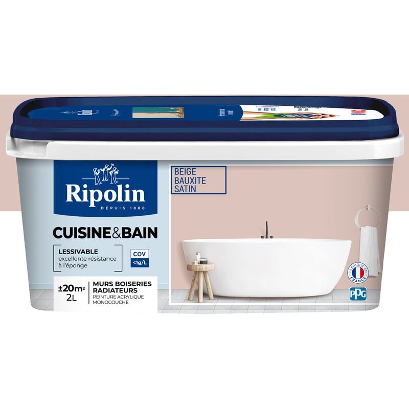 Peinture Murale spéciale Cuisine et Bain - Satin - 2L - Beige Bauxite - Ripolin