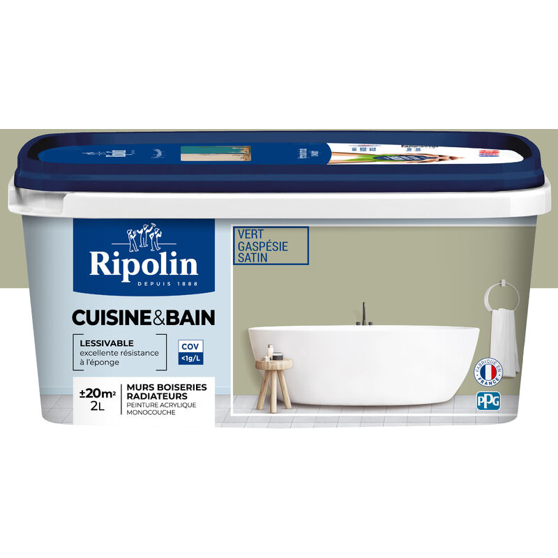 Peinture Murale spéciale Cuisine et Bain - Satin - 2L - Vert Gaspésie Ripolin