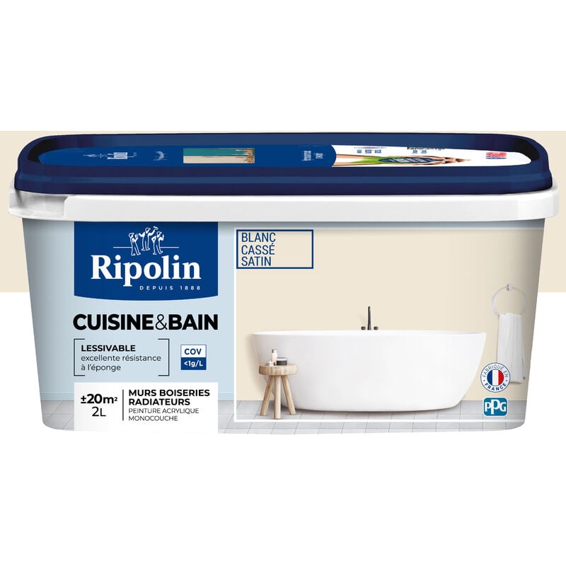 Peinture Murale spéciale Cuisine et Bain - Satin - 2L - Blanc Cassé Ripolin