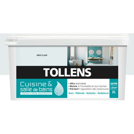 Peinture Cuisine Et Salle De Bain - Ultra Résistante - Tollens - Pour Murs, Boiseries, Radiateurs - Gris Clair - 2L = 24m2