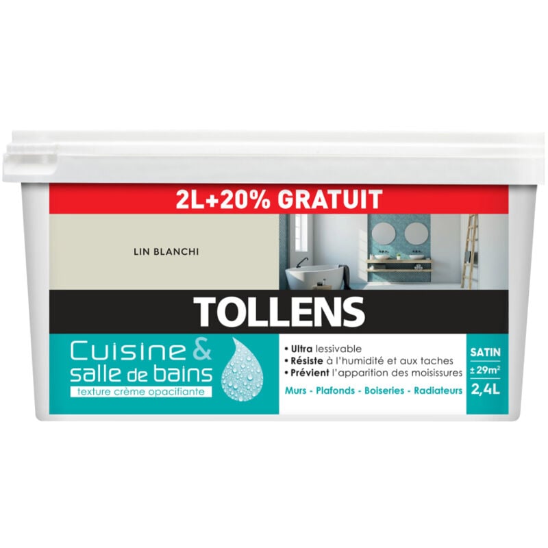 Peinture couleurs - Cuisine et Salle de Bains - Satin - Lin Blanchi - 2L+20%