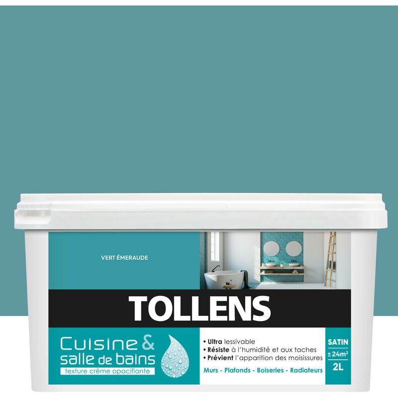 Peinture Cuisine Et Salle De Bain - Ultra Résistante Tollens Pour Murs, Boiseries, Radiateurs - Vert Emerau - 2L = 24m2
