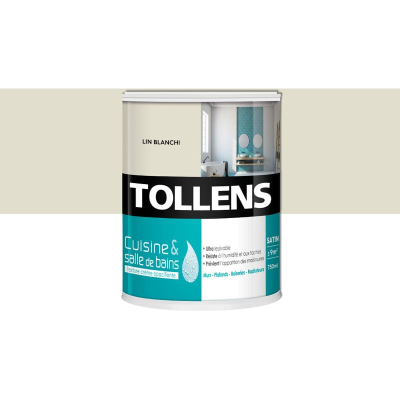 Peinture Cuisine Et Salle De Bain - Ultra Résistante Tollens Pour Murs, Boiseries, Radiateurs - Lin Blanchi - 0,75L = 9m2