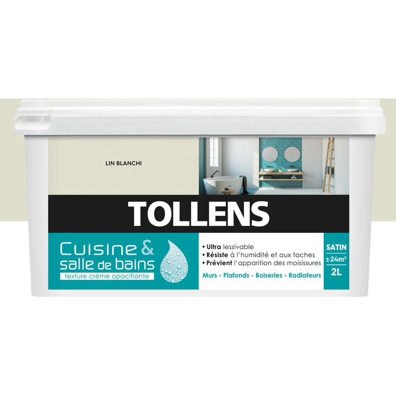 Peinture Cuisine Et Salle De Bain - Ultra Résistante Tollens Pour Murs, Boiseries, Radiateurs - Lin Blanchi - 2L = 24m2