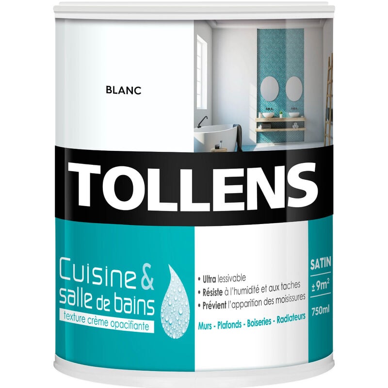 Peinture Cuisine Et Salle De Bain - Ultra Résistante - Tollens - Pour Murs, Boiseries, Radiateurs - Blanc - 0,75L = 9m2