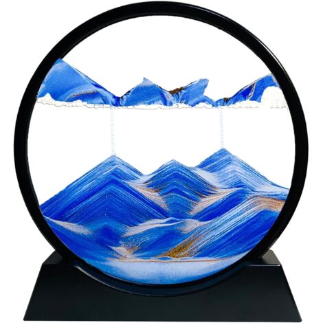 Peinture de Sable Mobile,Cadre Sablier, Images de l'art du Sable en Mouvement, Sable Dynamique dans un Verre Rond, 3D Sable de Paysage pour le Bureau Maison Décoration（Bleu, 7 Pouces）