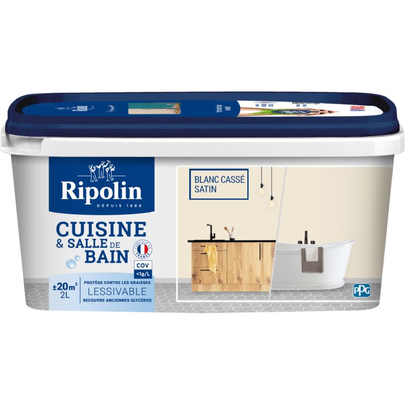Peinture murs, boiseries, plafonds, radiateurs - RIPOLIN - Cuisine et bain - 2 L - Blanc cassé
