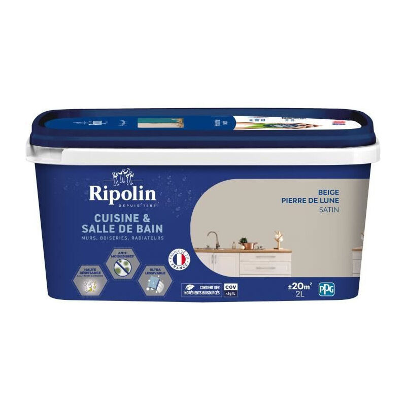 Peinture murs, boiseries, plafonds, radiateurs - RIPOLIN - Cuisine et bain - 2 L - Beige Pierre de lune