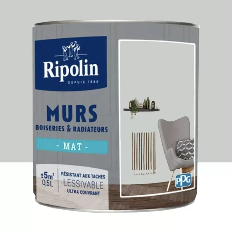 Peinture Murs, Boiseries, Radiateurs Ripolin Mat Gris lomé 0,5 l