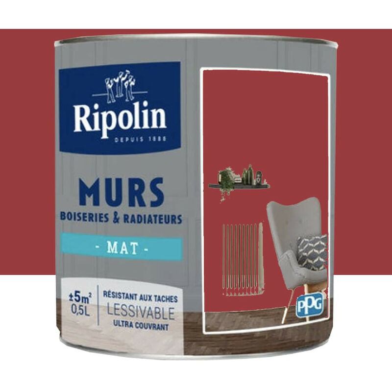 Peinture Murs, Boiseries, Radiateurs Ripolin Mat Rouge Profond 0,5 l - Rouge profond