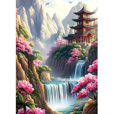 Peinture diamant 5D paysage cascade et temple pour adultes, kit DIY, décoration murale - 30x40cm