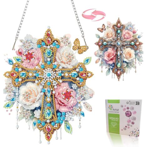 Peinture diamant croix fleurie 5D, kit diamond painting adulte DIY strass cristal,tableau diamant double face suspendu,décoration murale vitrail pour maison église fenêtre