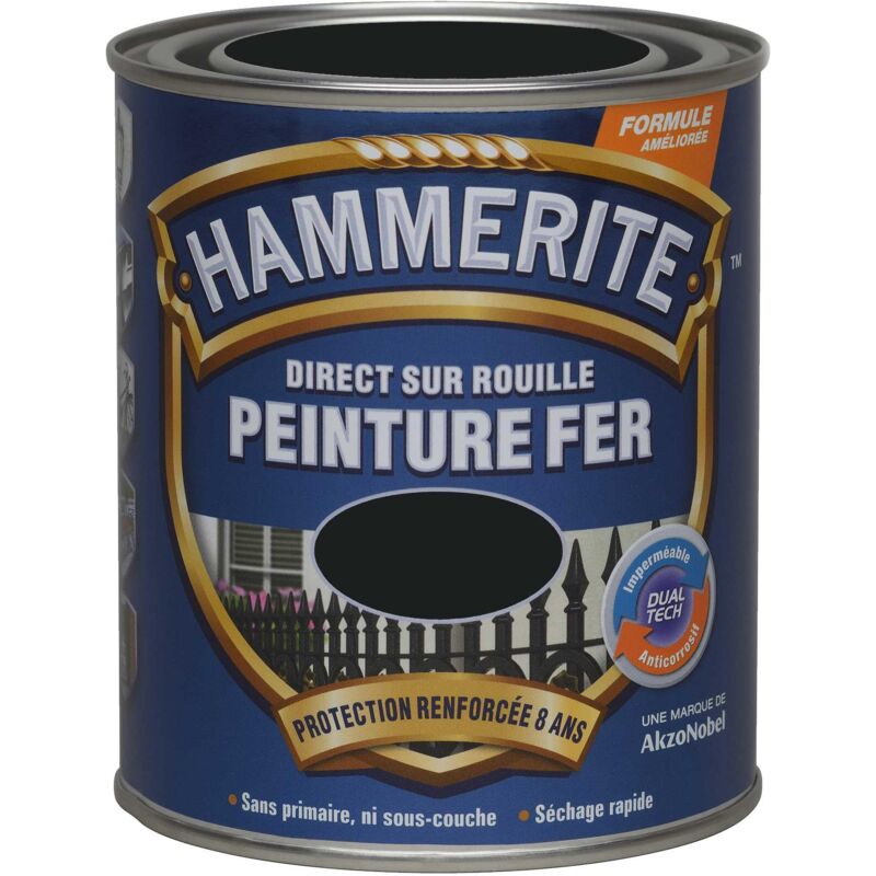 Hammerite - Peinture Direct Sur Rouille Satinée Noir 0,75 l