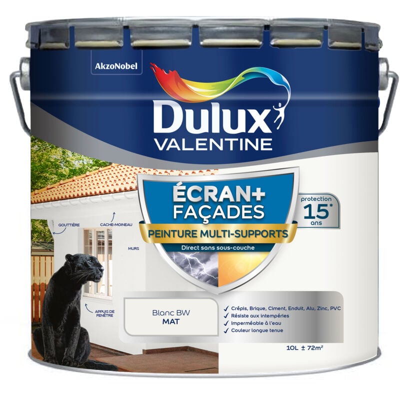 Peinture Ecran+ Multi-Supports Façade - protection 15 ans sur 15 matériaux - Mat Blanc 10 l Dulux Valentine