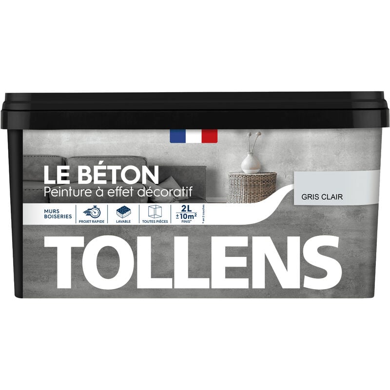 Peinture couleurs - Effet Béton Tollens Multisupport - Mat - Gris Clair - 2L = 10m2