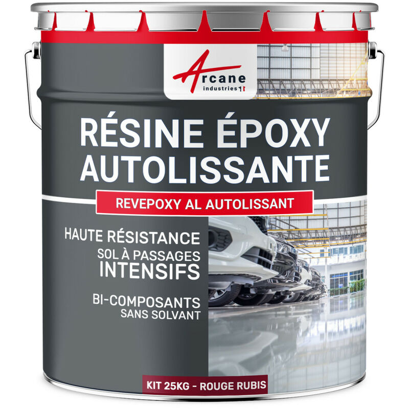 Résine Epoxy Autolissante - Peinture pour Sol : Déco intérieure, Atelier - Effet Miroir - 25 kg Rouge Rubis - ral 3003 Arcane Industries