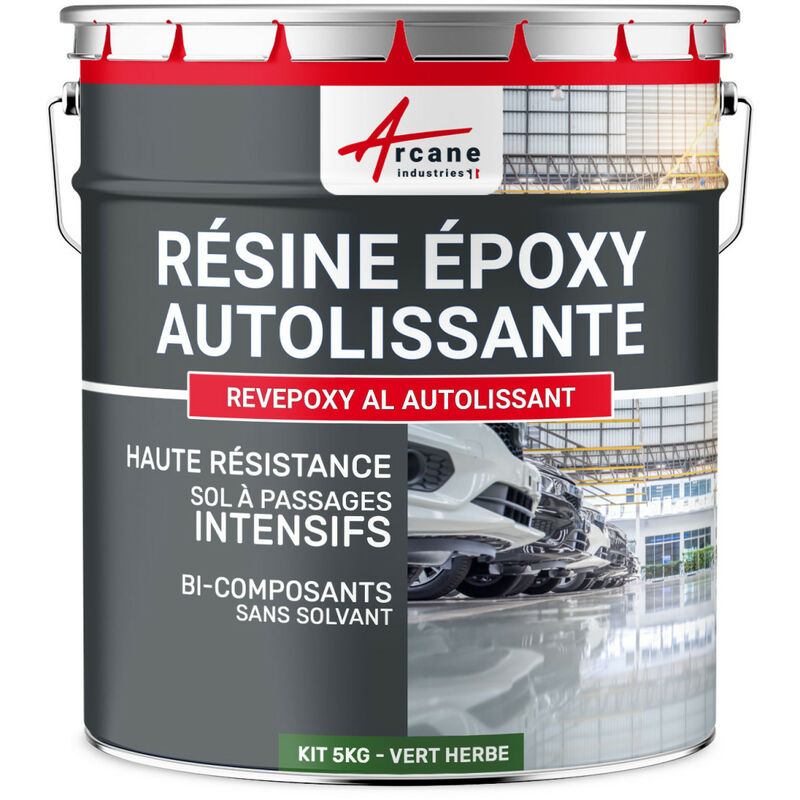 Résine Epoxy Autolissante - Peinture pour Sol : Déco intérieure, Atelier - Effet Miroir - 5 kg Vert Herbe - RAL 6010 - ARCANE INDUSTRIES