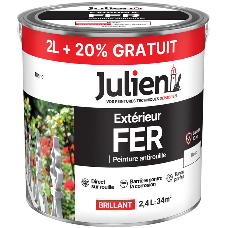 Julien - Peinture Extérieur Fer Antirouille 2L+20%GRATUIT - 164085 - Blanc