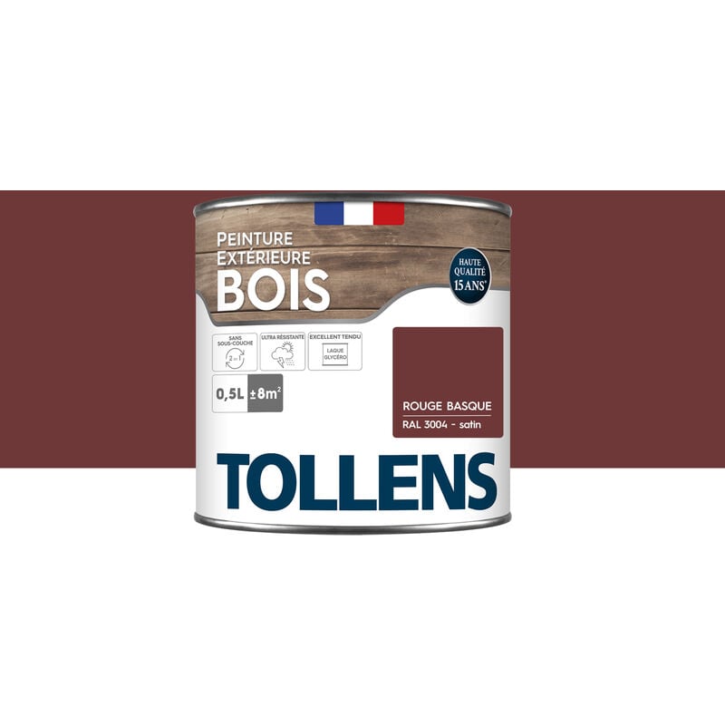 Tollens - Peinture bois extérieur 2 en 1 - Ultra Résistante et économique Satin - Rouge Basque - 0,5L=8m2