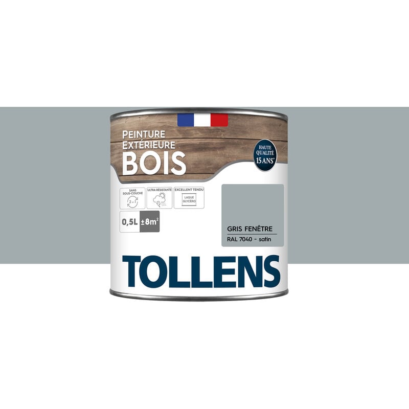 Tollens - Peinture bois extérieur 2 en 1 - Ultra Résistante et économique Satin Gris Fenêtre - 0,5L=8m2