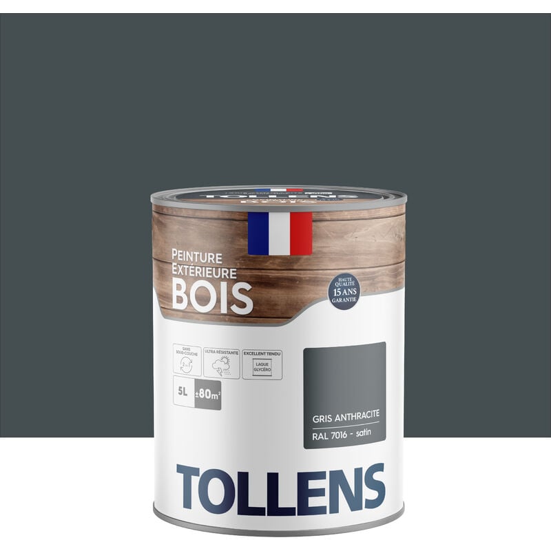 Peinture bois extérieur 2 en 1 - Ultra Résistante et économique Tollens Satin - Gris Anthracite - 5L
