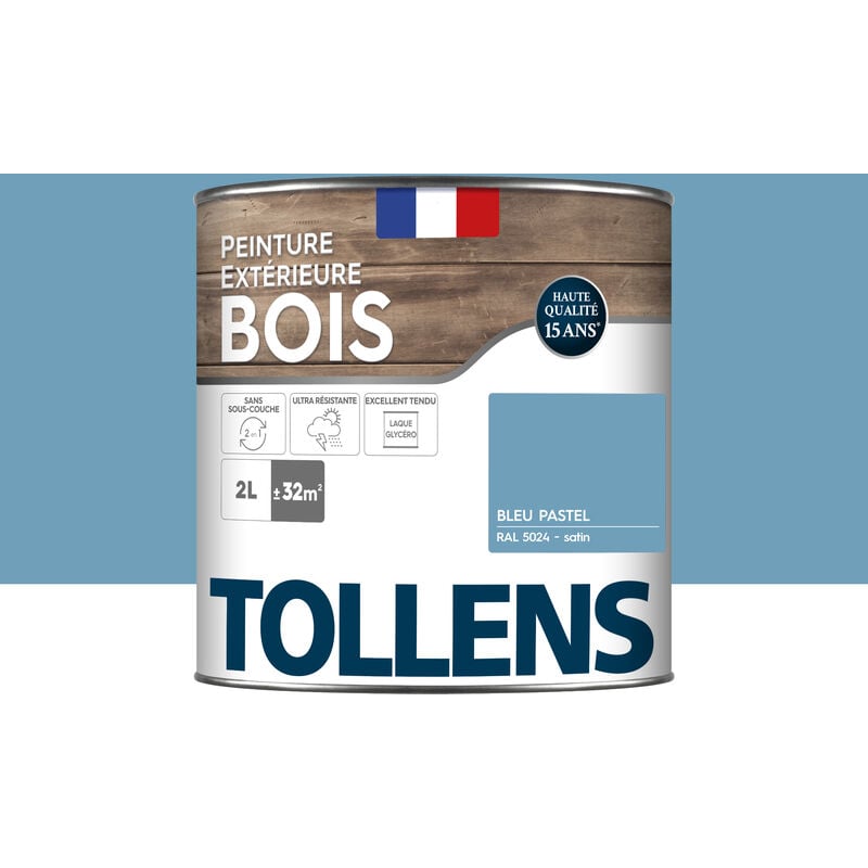 Peinture bois extérieur 2 en 1 - Ultra Résistante et économique Tollens Satin - Bleu Pastel - 2L=32m2