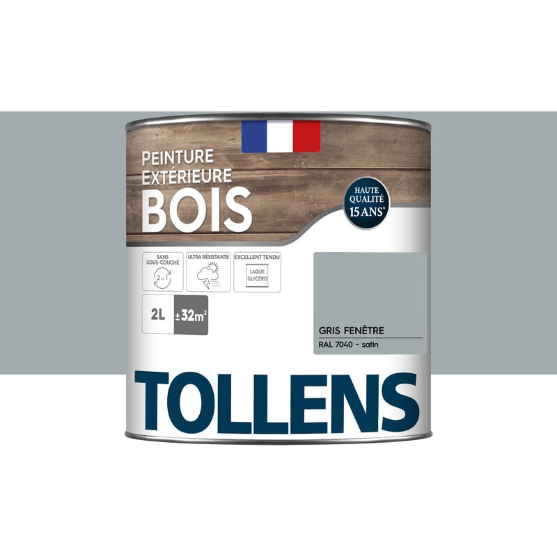 Peinture bois extérieur 2 en 1 - Ultra Résistante et économique Tollens Satin - Gris Fenêtre - 2L=32m2
