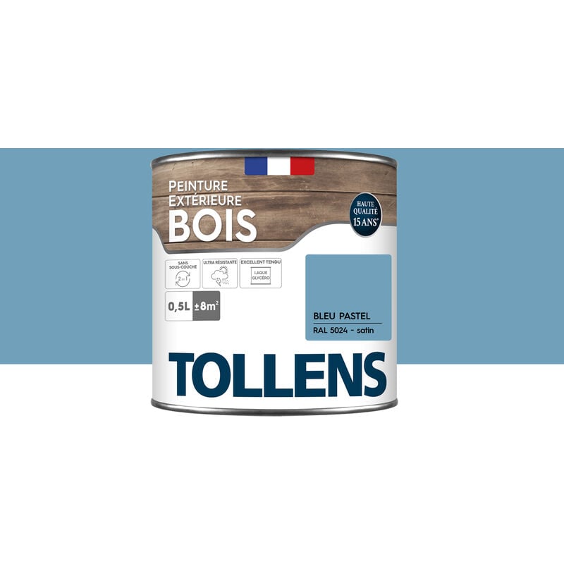 Peinture bois extérieur 2 en 1 - Ultra Résistante et économique Tollens Satin - Bleu Pastel - 0,5L