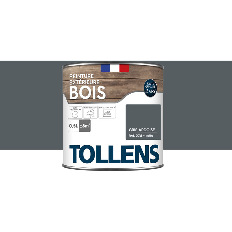 Peinture bois extérieur 2 en 1 - Ultra Résistante et économique Tollens Satin - Gris Anthracite - 0,5L=8m2