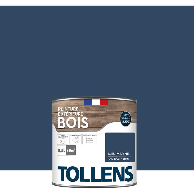 Peinture bois extérieur 2 en 1 - Ultra Résistante et économique Tollens Satin - Bleu Marine - 0,5L=8m2