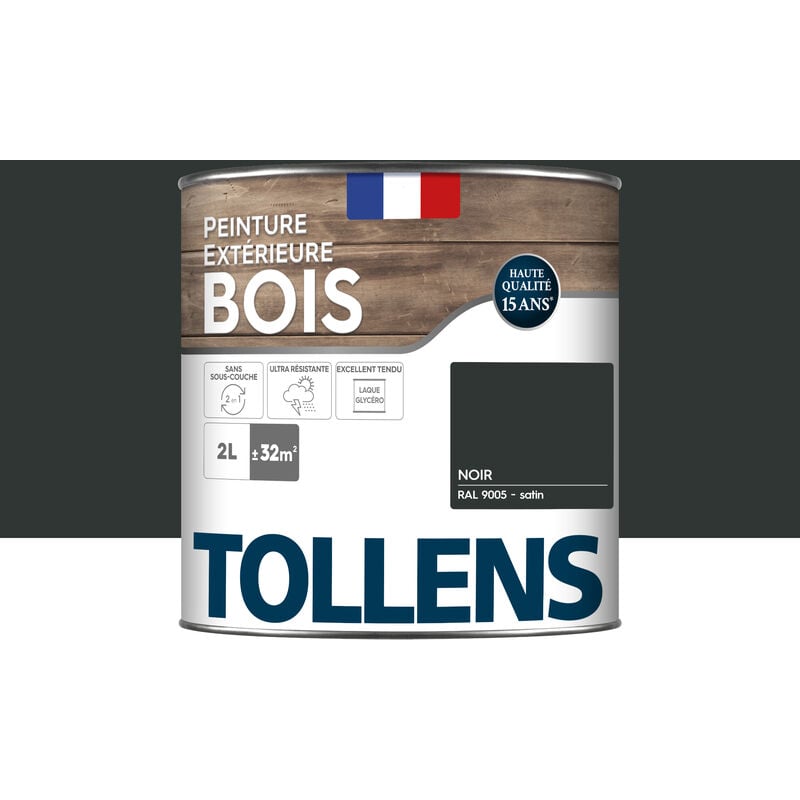 Peinture bois extérieur 2 en 1 - Ultra Résistante et économique Tollens Satin - Noir - 2L=32m2
