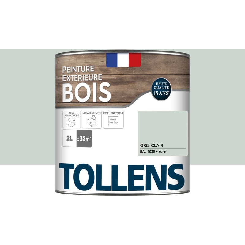 Peinture bois extérieur 2 en 1 - Ultra Résistante et économique Tollens Satin - Gris Clair - 2L=32m2
