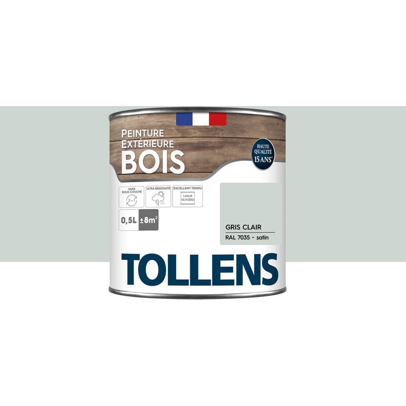 Peinture bois extérieur 2 en 1 - Ultra Résistante et économique Tollens Satin - Gris Clair - 0,5L=8m2