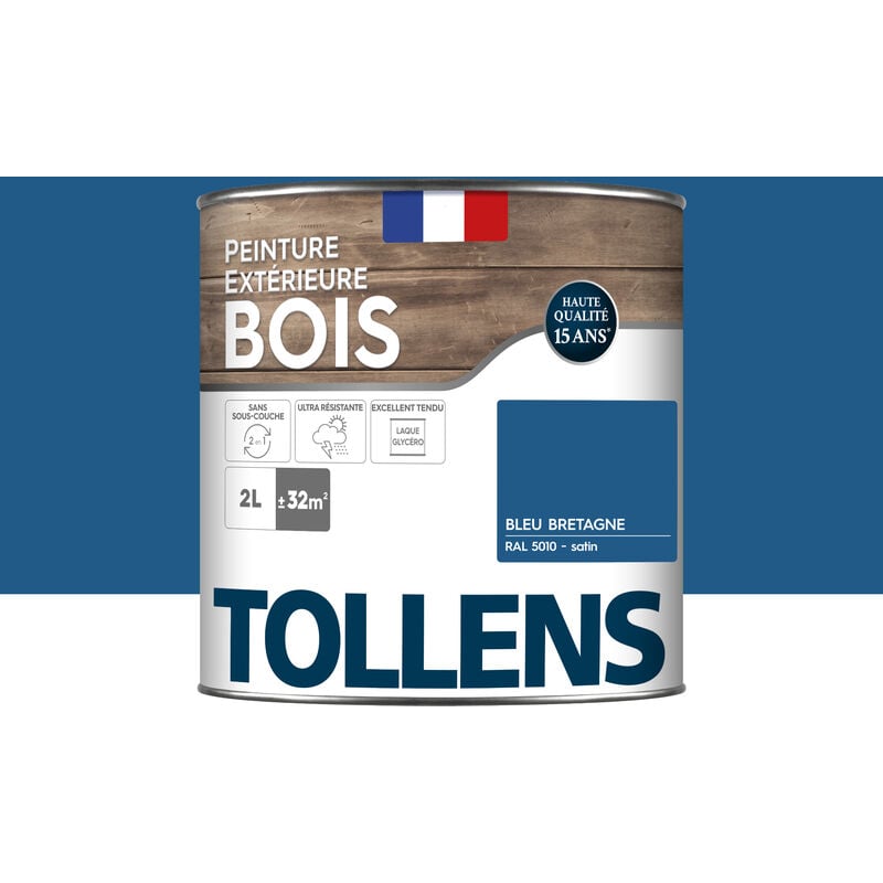 Peinture bois extérieur 2 en 1 - Ultra Résistante et économique Tollens Satin - Bleu Bretagne - 2L=32m2