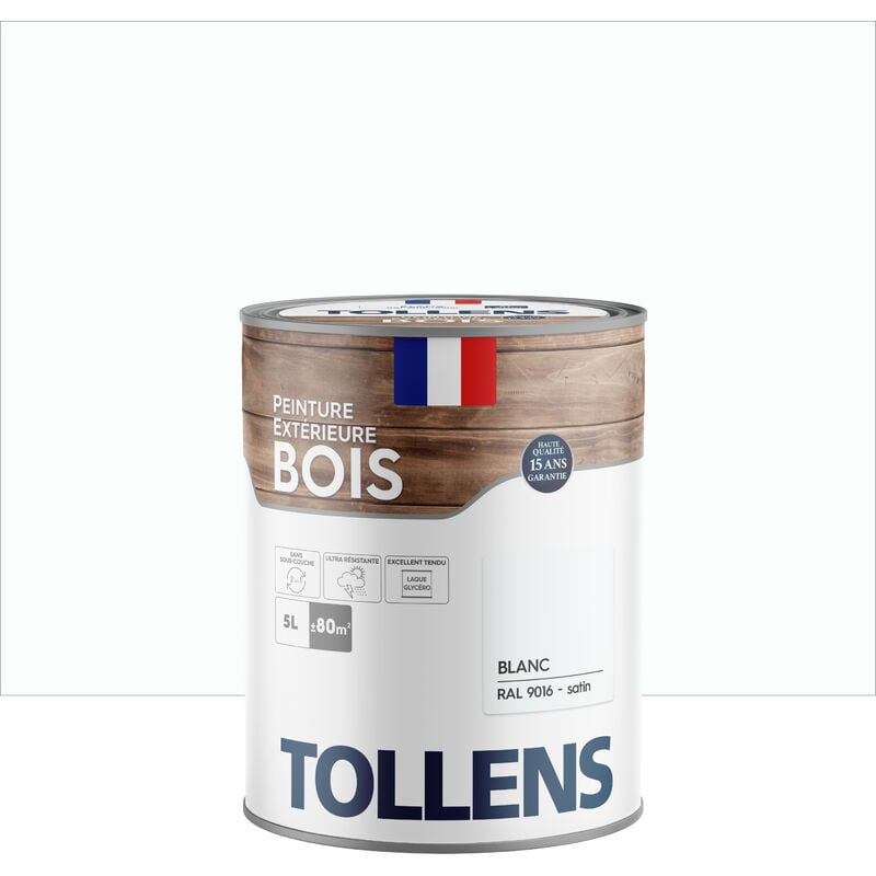 Peinture bois extérieur 2 en 1 - Ultra Résistante et économique - TOLLENS - Satin - Blanc - 5L=80m2