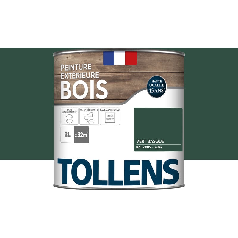 Peinture bois extérieur 2 en 1 - Ultra Résistante et économique Tollens Satin - Vert Basque - 2L=32m2