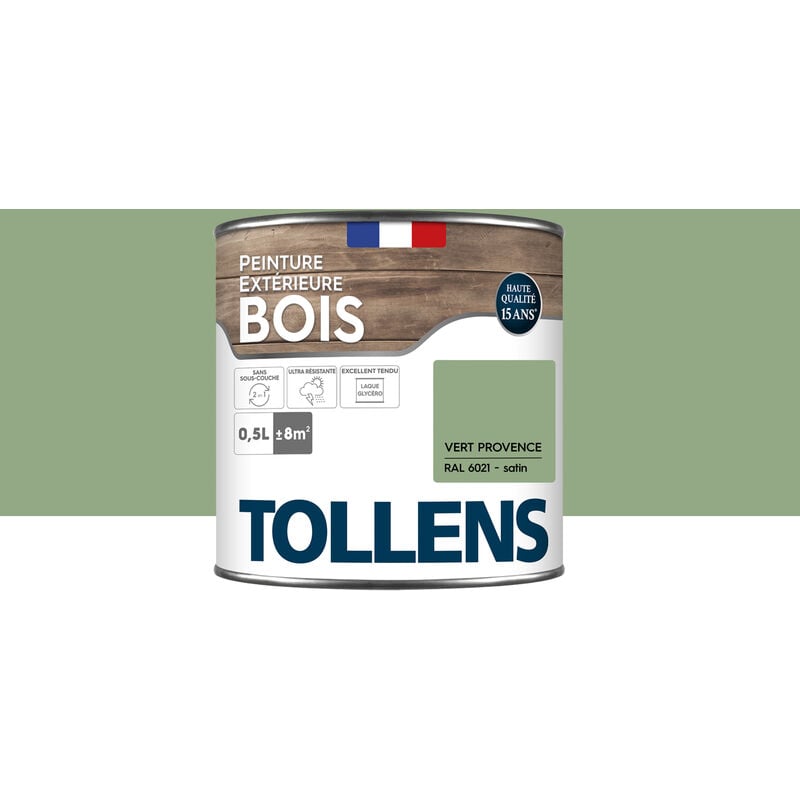 Peinture bois extérieur 2 en 1 - Ultra Résistante et économique Tollens Satin - Vert Provence - 0,5L=8m2