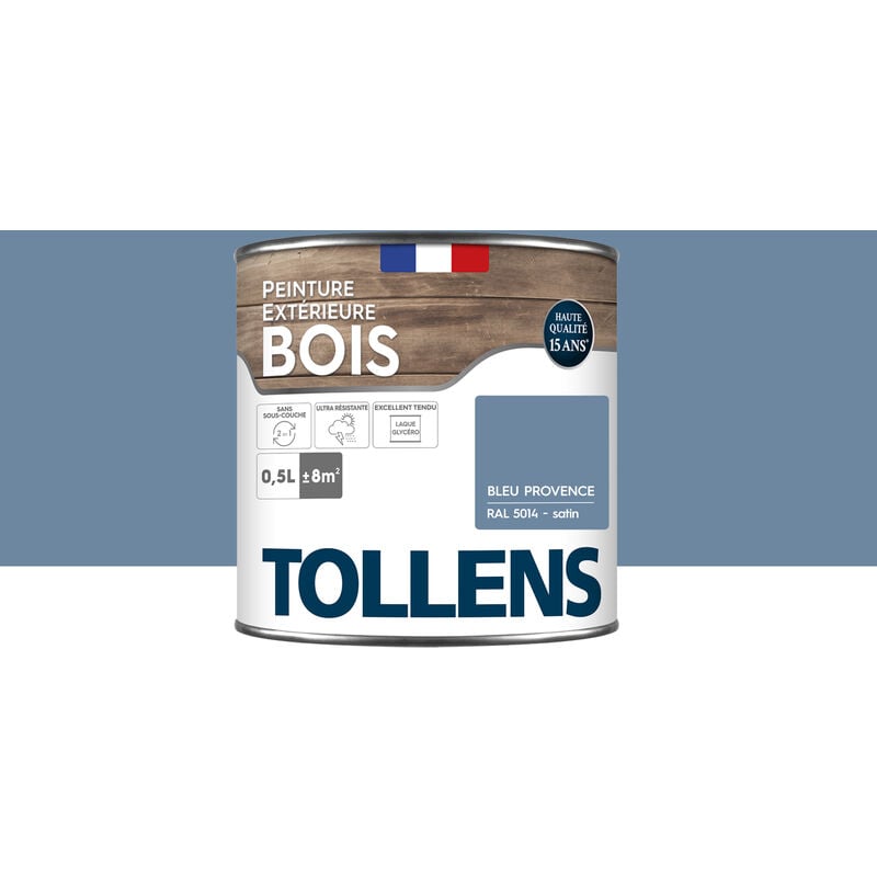 Peinture bois extérieur 2 en 1 - Ultra Résistante et économique Tollens Satin - Bleu Provence - 0,5L=8m2