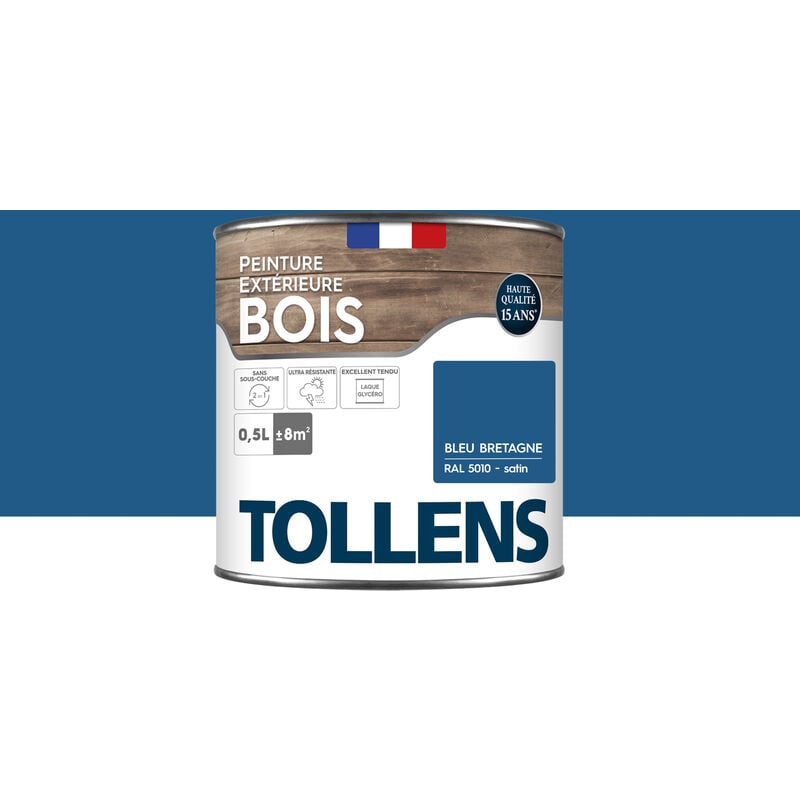 Peinture bois extérieur 2 en 1 - Ultra Résistante et économique Tollens Satin - Bleu Bretagne - 0,5L