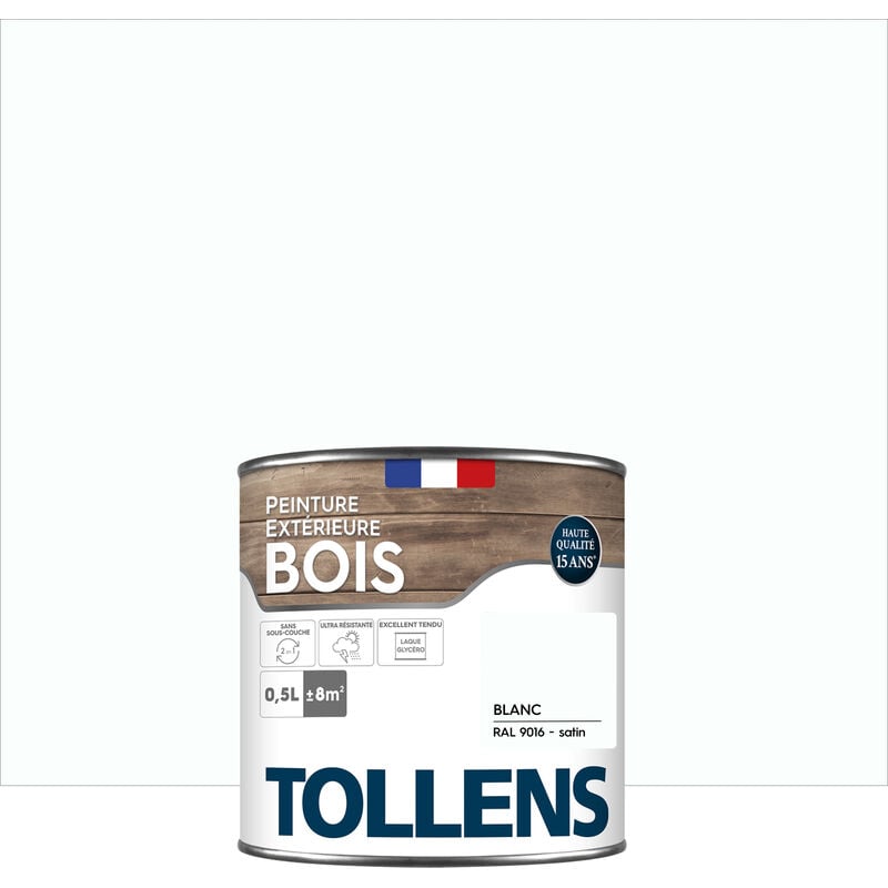 Peinture bois extérieur 2 en 1 - Ultra Résistante et économique Tollens Satin - Blanc - 0,5L=8m2