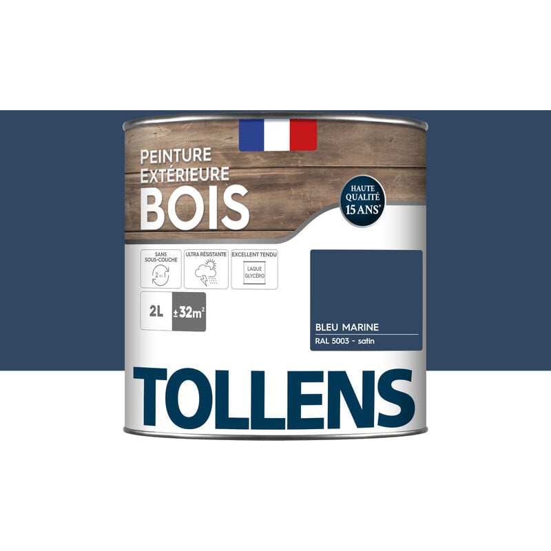 Peinture bois extérieur 2 en 1 - Ultra Résistante et économique Tollens Satin - Bleu Marine - 2L=32m2