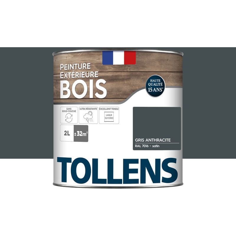 Peinture bois extérieur 2 en 1 - Ultra Résistante et économique Tollens Satin - Gris anthracite - 2L=32m2