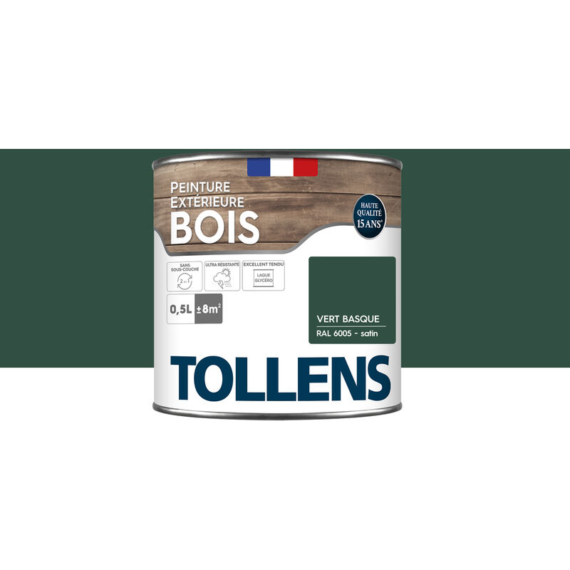 Peinture bois extérieur 2 en 1 - Ultra Résistante et économique Tollens Satin - Vert Basque - 0,5L=8m2