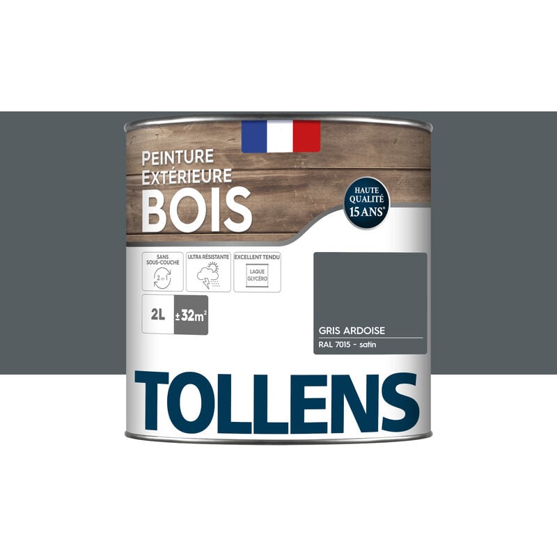 Peinture bois extérieur 2 en 1 - Ultra Résistante et économique Tollens Satin - Gris Ardoise - 2L=32m2
